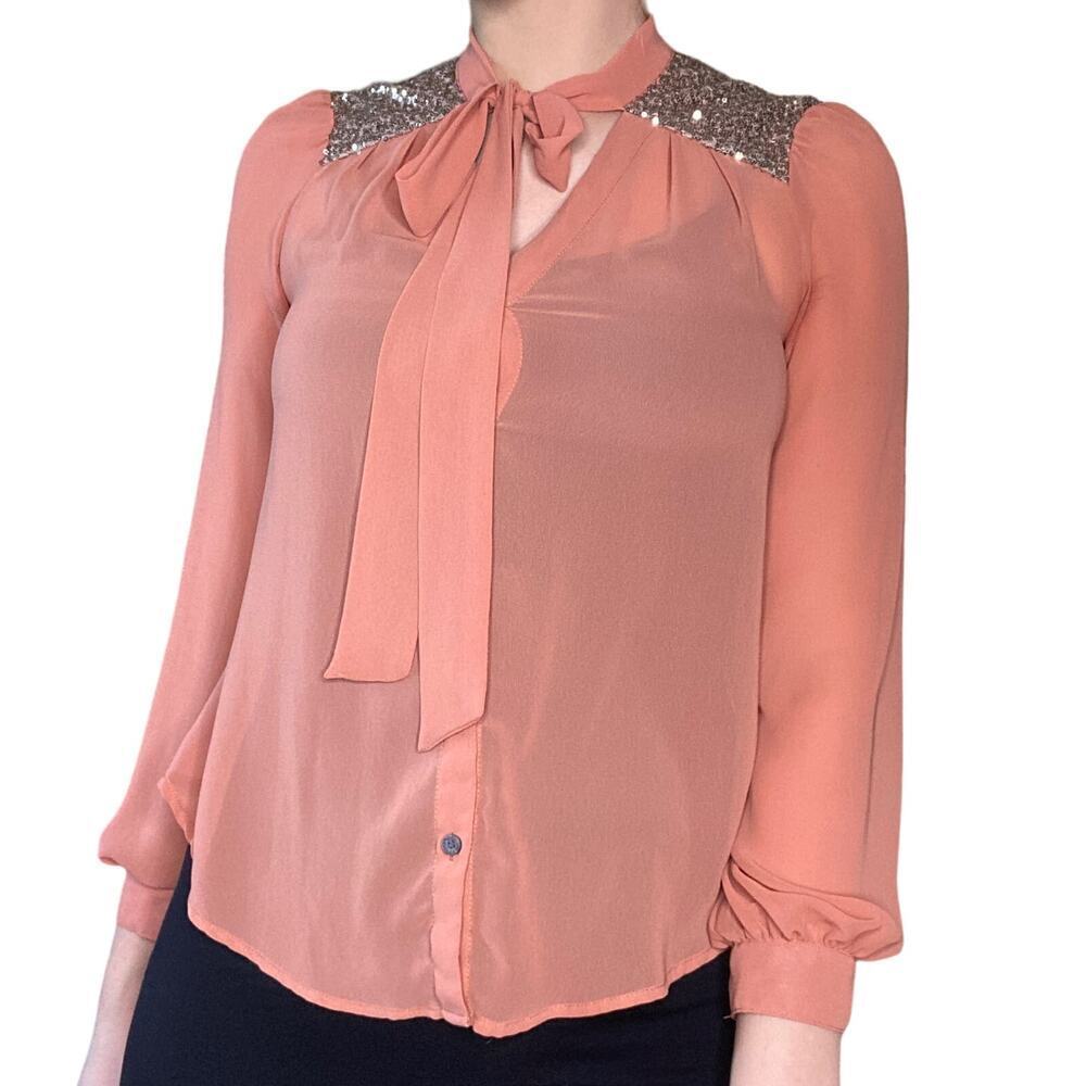 Peach Sheer Sequin Shoulder Neck Bow Blouse Small